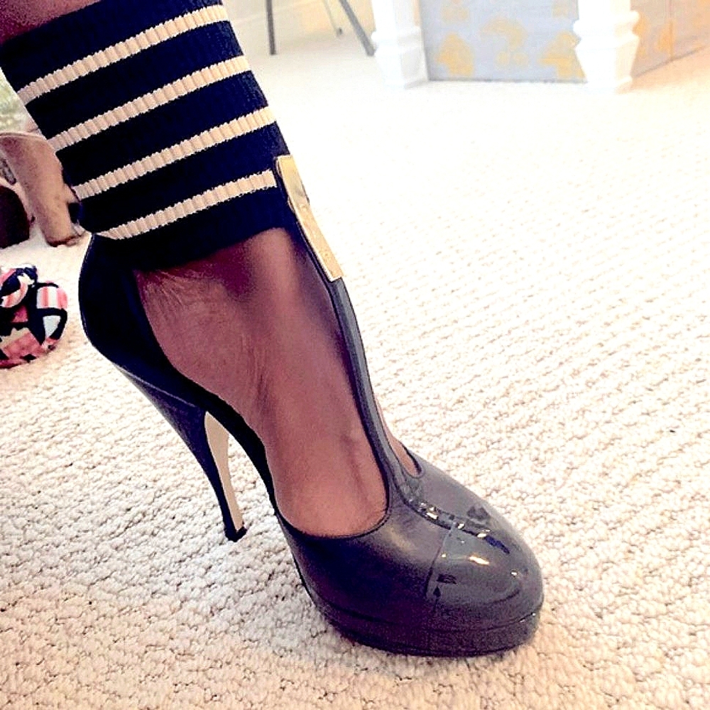 Rare Chanel Ankle Sock T Strap Black Leather Patent Platforms  Size 38